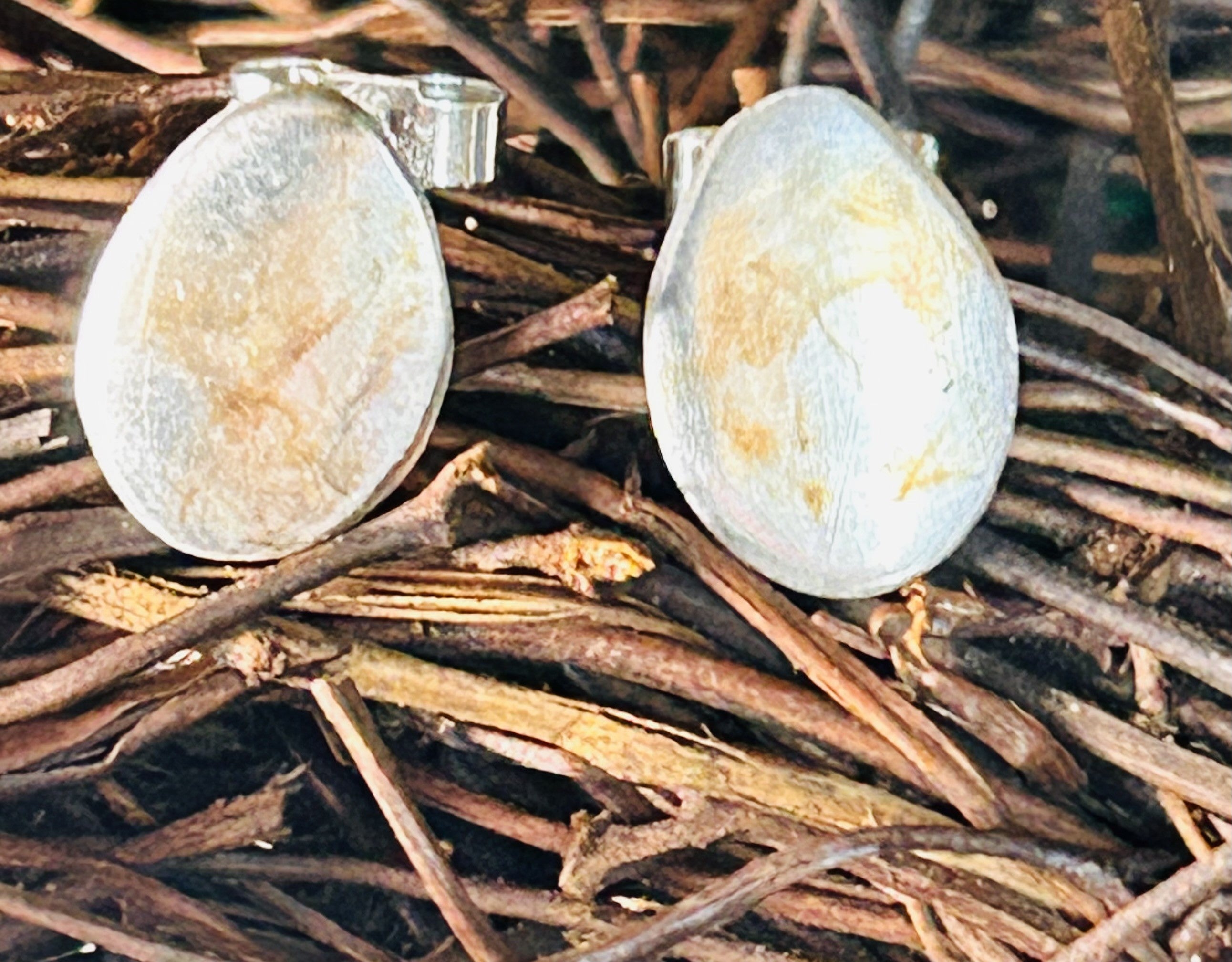 Image shows two sterling silver egg shaped stud earrings with brown threaded oxidisation pattern, sitting on a twig nest